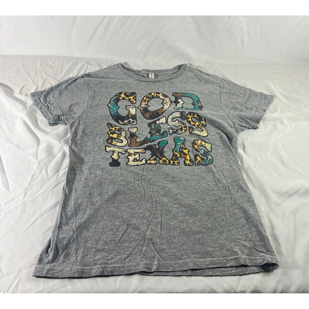 Love Faith God Bless Texas Gray Graphic T-Shirt Size M Crew Neck Short Sleeve